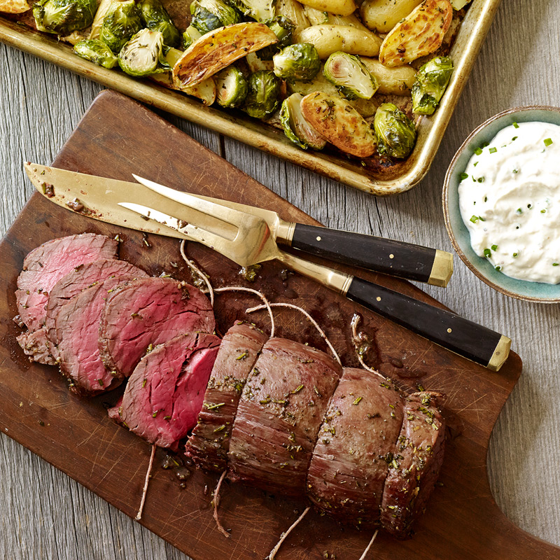 Beef Tenderloin With Fingerling Potatoes Brussels Sprouts And Horseradish Cream Sauce Recipes Ww Usa