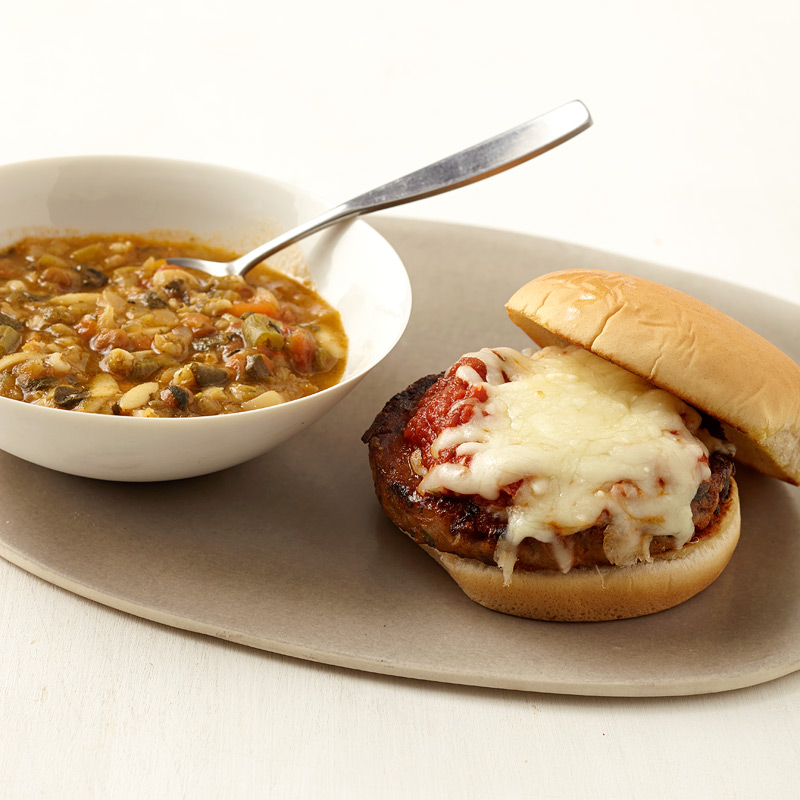 Photo of Veggie Pizza Burger and Canned Soup  by WW
