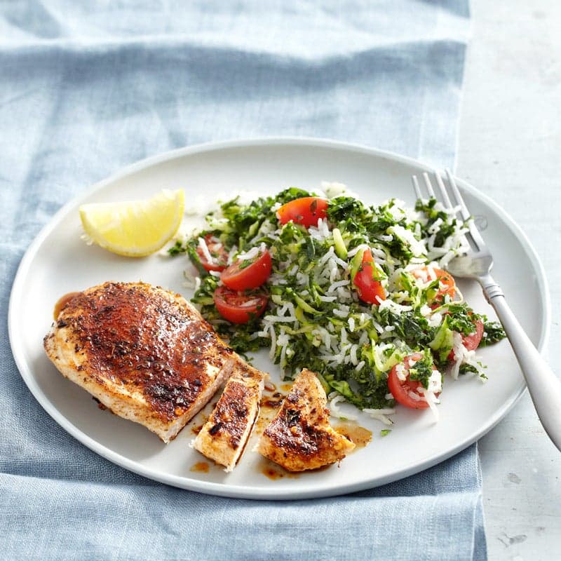 Piri piri rubbed chicken with kale rice