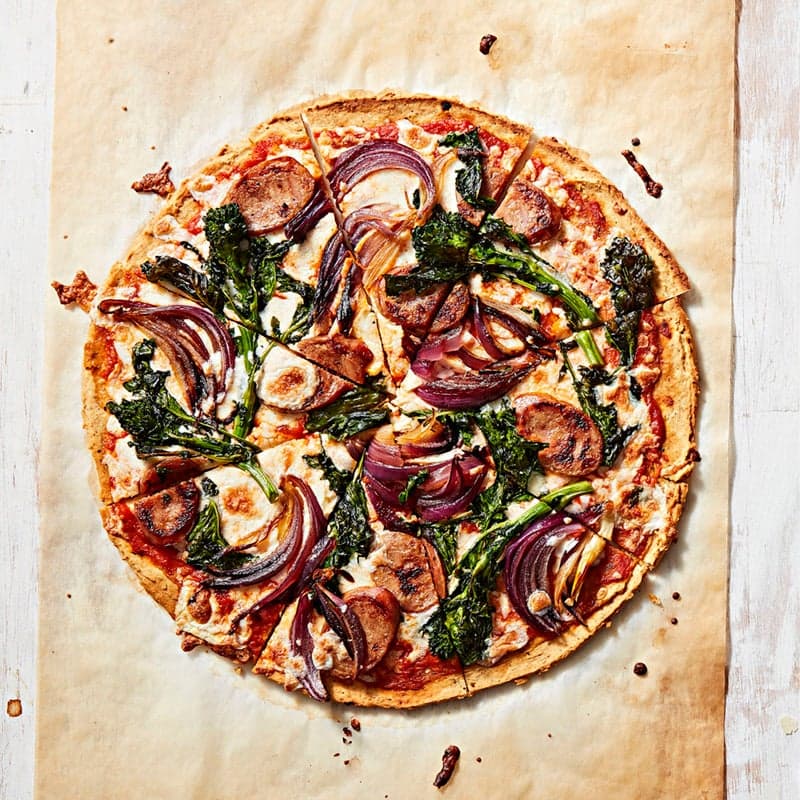 Chickpea Crust Pizza with Sausage & Broccoli Rabe