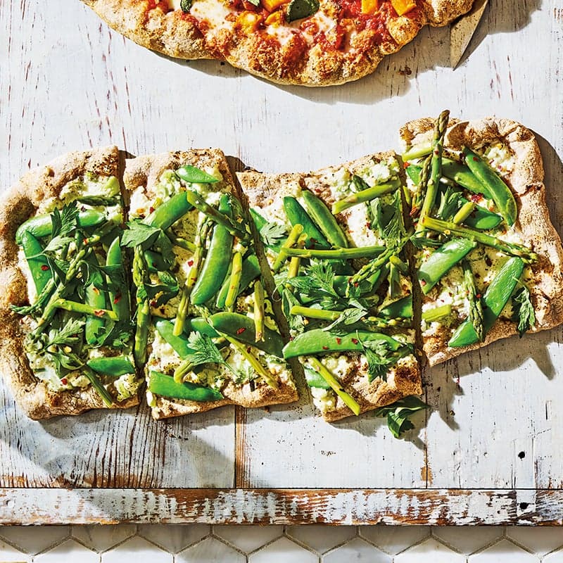 Asparagus, sugar snap, and ricotta pizza