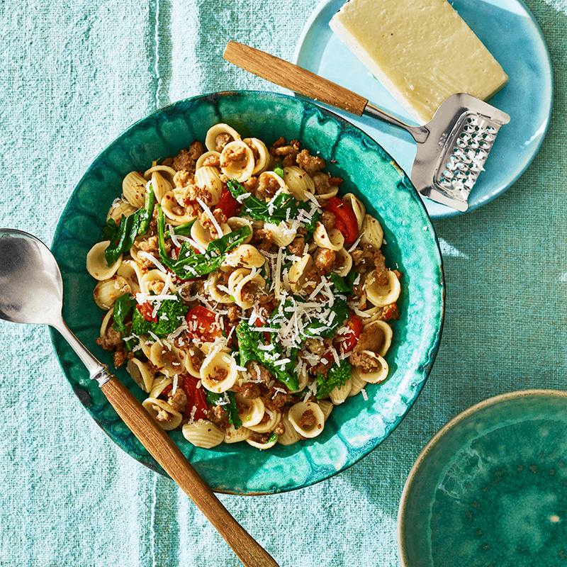 Lemony one pan orecchiette with turkey and broccolini