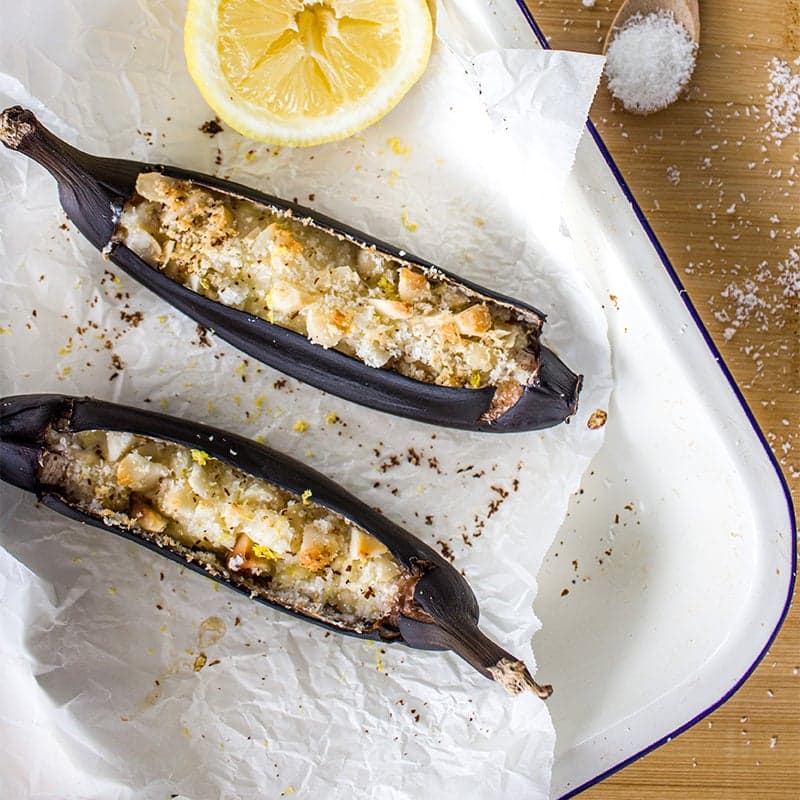 Lemon, coconut and macadamia banana boats