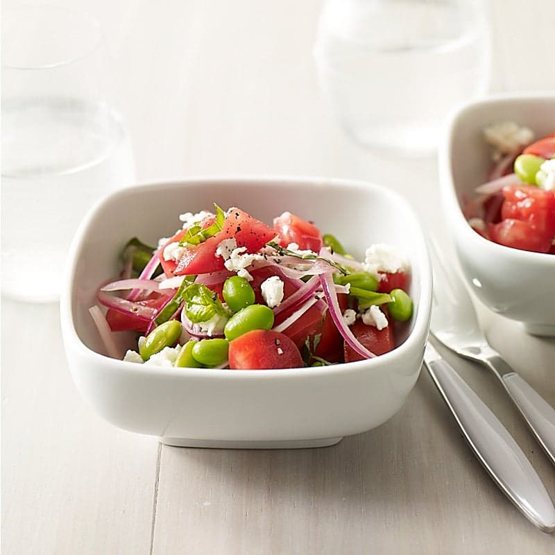 Edamame, tomato and feta salad with fresh basil