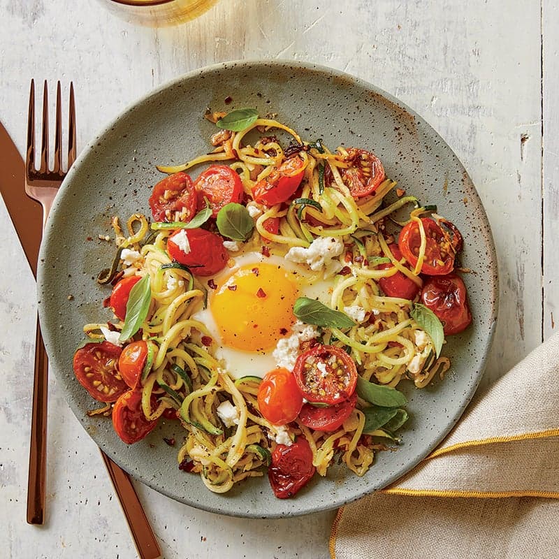 Egg in a Zucchini Noodle Nest with Tomato, Basil & Ricotta Salata